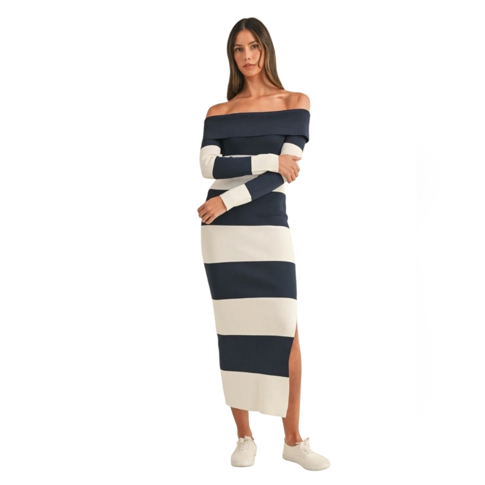 Mable Angelica Knit Stripe Off-shoulder Midi Dress Navy/White Maxi Small NWT
